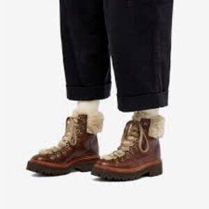 Grenson Brown Leather Fur-Trim Combat Moto Boots